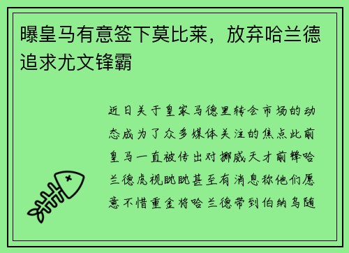曝皇马有意签下莫比莱，放弃哈兰德追求尤文锋霸